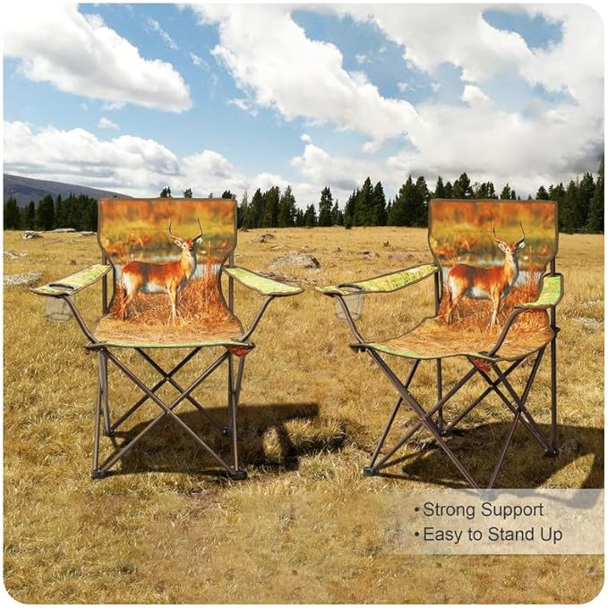2 Pcs Animal Pattern Camping Chair,Folding Backpacking Lightweight Beach Chair w/Cup Holder,Side Pocket,Carry Bag,Portable Adults Lawn Chair for Family Outdoor,Hiking,Parties,Antelope