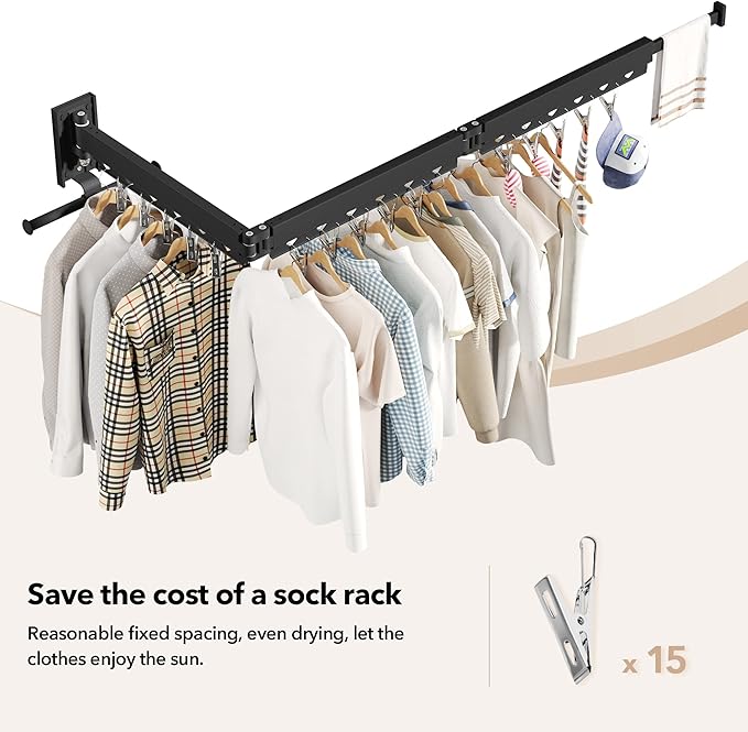 Wall Mounted Clothes Hanger,Clothes Drying Rack,Laundry Drying Rack,Clothes Rack,Laundry Rack Wall Mount,Retractable Collapsible Drying Rack Clothing (Windproof Holes,with Clips),Black