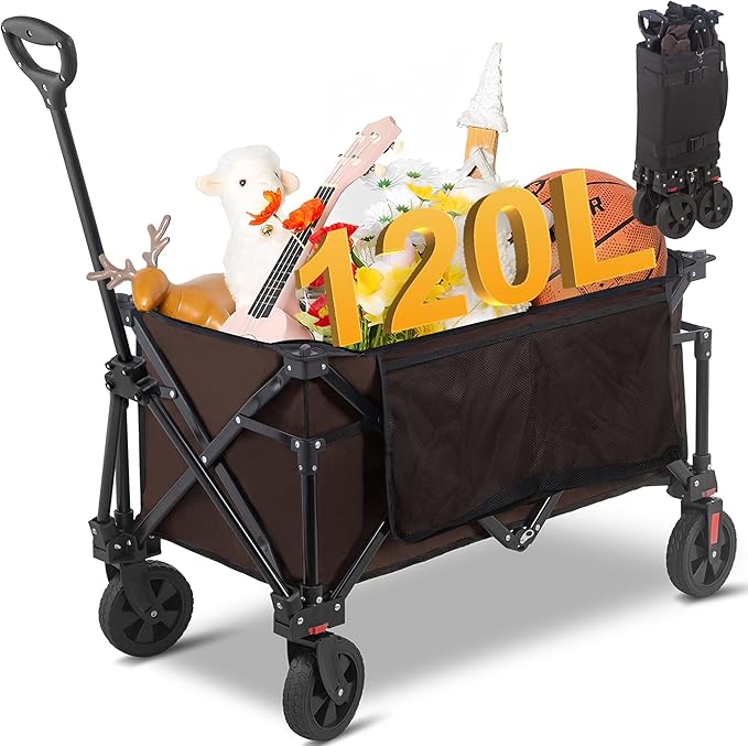 Collapsible Folding Wagon Cart, 220LBS Heavy Duty Foldable Utility Garden Cart with All Terrain Wheels & Side Storage Bag, Portable Sports Wagon for Camping, Shopping, Garden