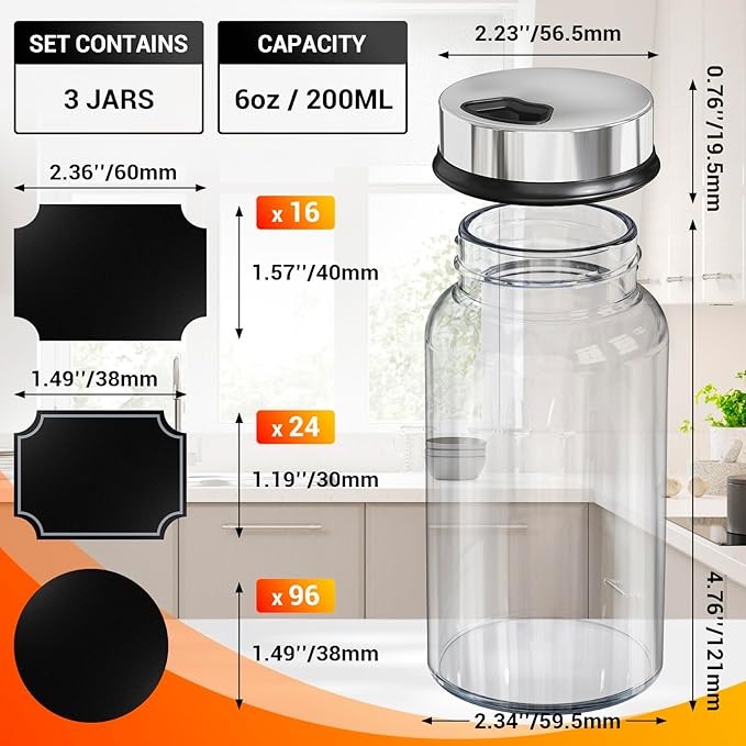 Segarty Spice Jars Set, 3 Pack 6 oz Glass Spice Jar with Labels, Seasoning Bottles Set with 136 Blank Stickers, 1 Chalk Marker, 1 Brush, Salt and Pepper Shakers with Ajustable Holes Lids