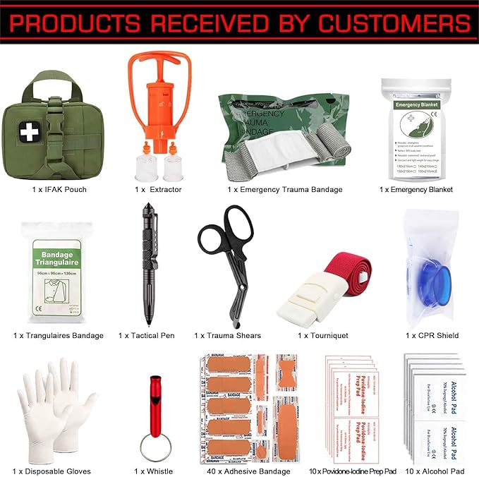 Tactical Ifak Trauma Kit - Emergency First Aid Bleeding Control Kit, Snake Bite & Bee Sting Supplies, Venom Extractor Pump