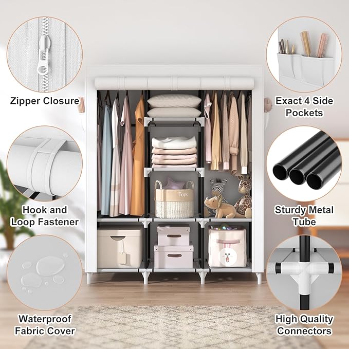 VTRIN Portable Closet Wardrobe for Hanging Clothes with 2 Hanging Rods and 8 Storage Organizer Shelves,Sturdy Large Wardrobe Closet for Bedroom Free Standing Clothes Rack with Cover,White