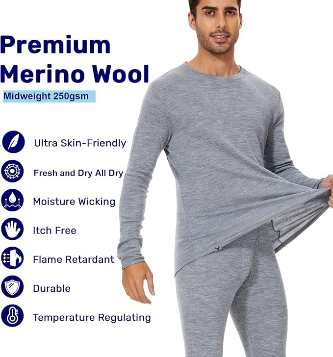 MERINNOVATION Merino Wool Base Layer Set for Men 100% Merino Wool Thermal Underwear Long Sleeve