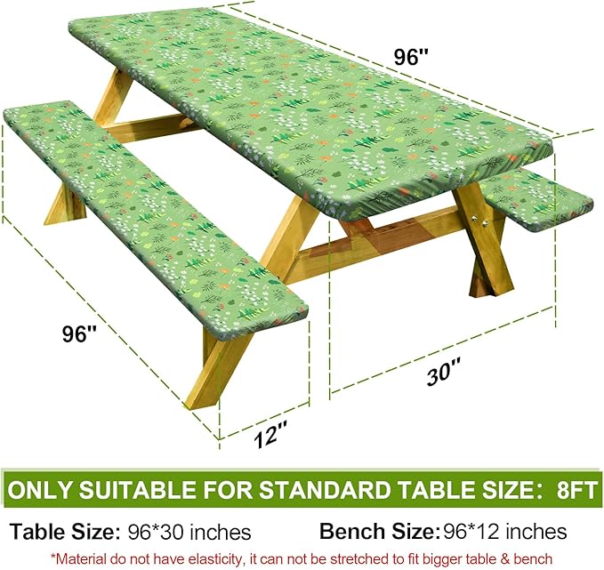 Picnic Table Cover with Bench Covers Camping Essentials Waterproof Windproof Camping Tablecloth with Drawstring Bag, Fitted Rectangle Tables and Seats, 96in, Grass Green