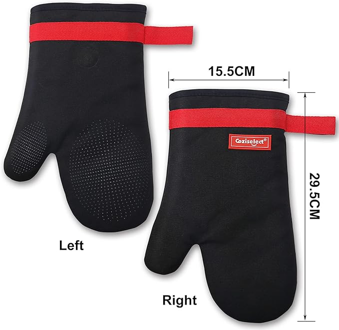 Silicone Oven Mitts, Magnetic Oven Mitt Set, Cotton Oven Mits Heat Resistant, Anti-Slip Hot Mitts for Kitchen, Cooking, Baking, Grilling, Black