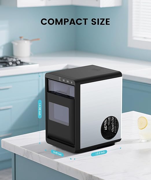 Ice Maker Countertop, Chewable Pellet Ice Machine with Handle, 44lbs Per Day Portable Ice Makers, Auto-Cleaning Ice Machine with Basket and Scoop for Home/Party/RV/Camping (Silver)