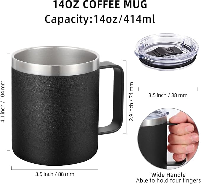 Volhoply 14oz Insulated Stainless Steel Coffee Mug with Leakproof Lid,Double Wall Vacuum Travel Coffee Cup with Handle,Reusable Metal Cups Tumbler,Camping Mugs Keep Hot/Cold,Gifts(Black,1)