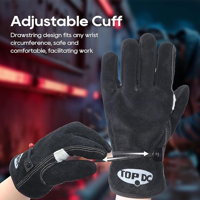 TOPDC Leather Work Gloves for Men or Women, Cowhide Leather Gloves for Gardening, Tig/Mig Welding, Chainsaw, Farm, Ranch, Reinforced Palm, Adjustable Cuff, Cotton Lining, Firm Grip & Durable, M