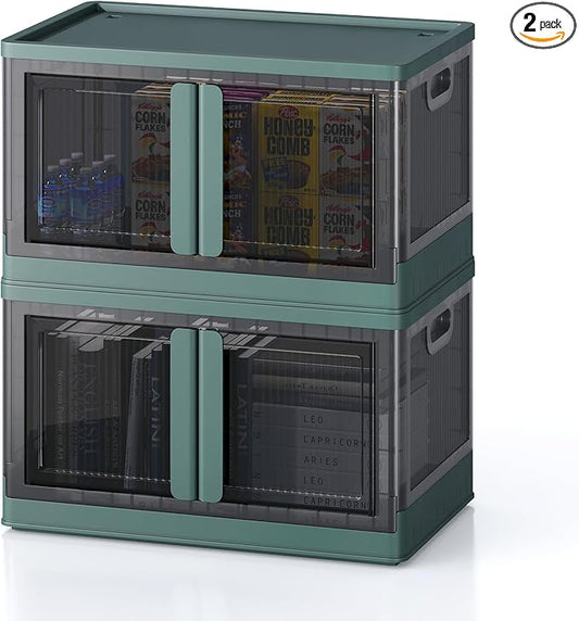 19Gal Collapsible Storage Bins with Lids & Wheels - 2 Pack Stackable with Doors, Heavy-Duty Plastic Containers for Home/Office, Green