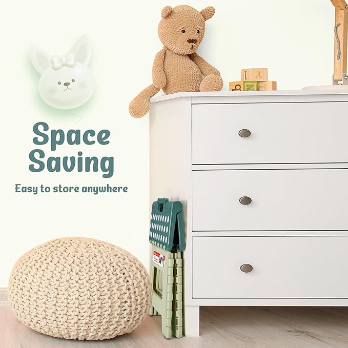 ACSTEP 9 Inch Folding Step Stool 300 LB Capacity Plastic Foldable Step Stools for Kids and Adults, Folding Stool Suitable for Kitchen, Stepping Stool with Handle Bicolor Green Small Step Stool 1PC