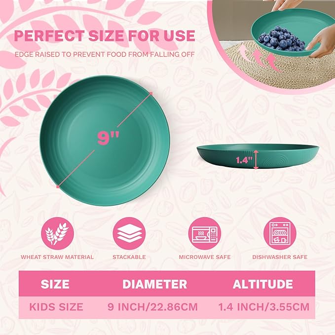Homienly Wheat Straw Plates Set, Unbreakable Deep Dinner Plates, 9 inch Alternative to Plastic Plates for Kitchen, Kids, Camping, Microwave and Dishwasher Safe Plate for Salad, Dessert - Green