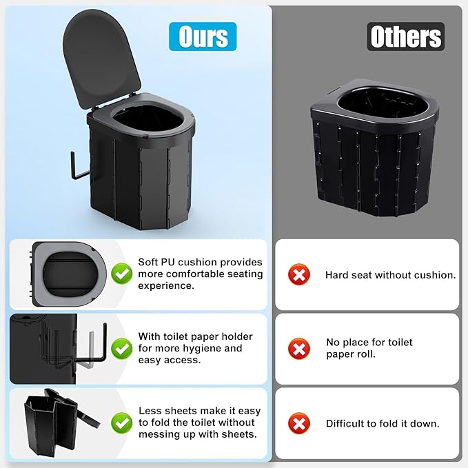Portable Camping Toilet with PU Cushion, Folding Porta Potty for Adults with Lid and Toilet Paper Holder, Waterproof Camping Toilet with Lid for Camping, Hiking, RV Travel, Road Trips