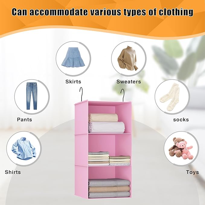 Hanging Closet Organizer and Storage 3-Shelf, Easy Mount Foldable Hanging Closet Wardrobe Storage Shelves, Clothes Handbag Shoes Accessories Storage, Washable Oxford Cloth Fabric, Pink