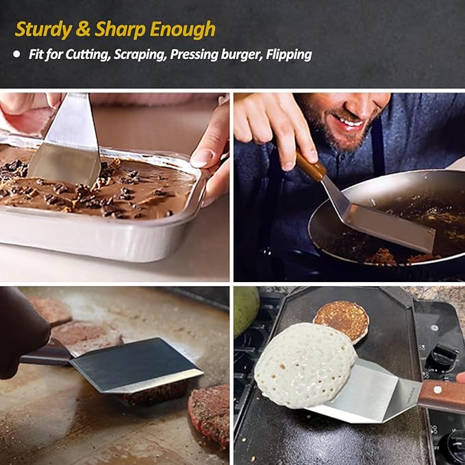 Stainless Steel Metal Spatula Set For Griddle, Grill Spatula Scraper for BBQ/Flat Top Grill- Full Tang Handle -Thicked Blade- Beveled Edges, Great Griddle Accessories for Pancake/Smash Burgers