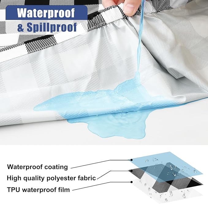 Smiry Picnic Table Cover with Bench Covers, Waterproof Elastic Fitted Tablecloths for 8 Foot Rectangle Tables, Washable Buffalo Plaid Tablecloth for Camping, Outdoor (Black & White, 30"x96")