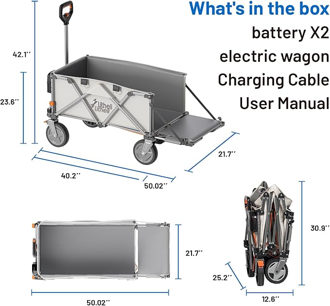Litheli Electric Utility Wagon Cart, 200L Capacity, 300 lbs Load, Foldable Heavy-Duty Design with All-Terrain Wheels, Variable Speed Drive & Battery Power for Camping, Beach, Garden & Shopping