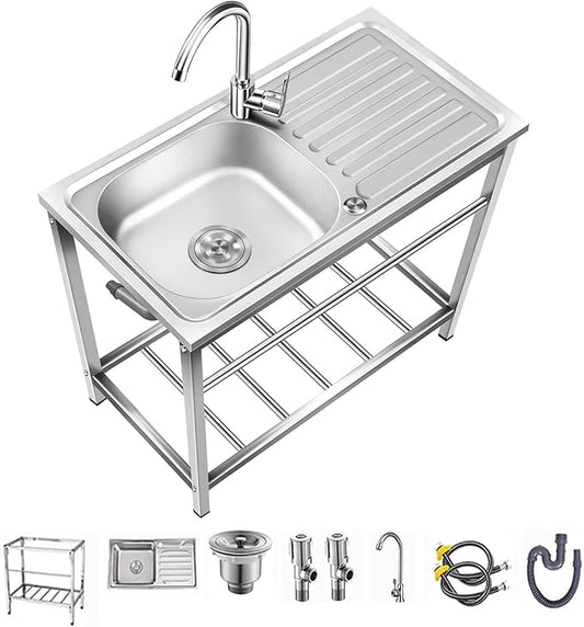 Outdoor Utility Sink,Free Standing Stainless Steel Laundry Tub, Single Bowl Portable Washing Hand Basin Station,fish Cleaning Table&Storage Shelves for Garage, Restaurant, Kitchen,Camping, Backyard