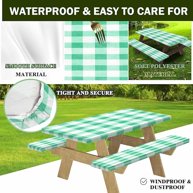 CAPSCEOLL Elastic Picnic Table Cover with Bench Covers 5Ft Waterproof Fitted Picnic Table Cover Cloths for Outdoors Camping Tablecloth with Drawstring Bag, 60X30in, Green Checkered