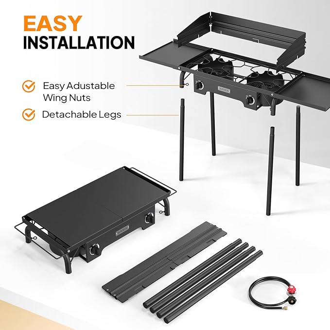 ROVSUN 2 Burner Outdoor Propane Gas Stove with Regulator, Windpanel, Bag & Side Shelves, 150,000 BTU Powerful Stand Cooker for Backyard Cooking Camping Home Brewing Canning Turkey Frying
