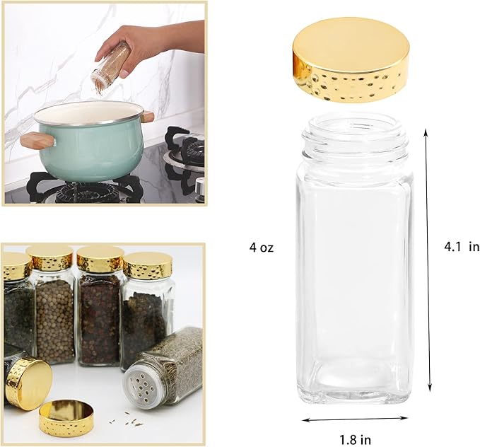 6pcs Gold Spice Jars, 4 oz Glass Seasoning Bottles, Spices Container, Empty Spice Jars, Square Spice Bottles with Airtight Plastic Caps with Shaker Lids