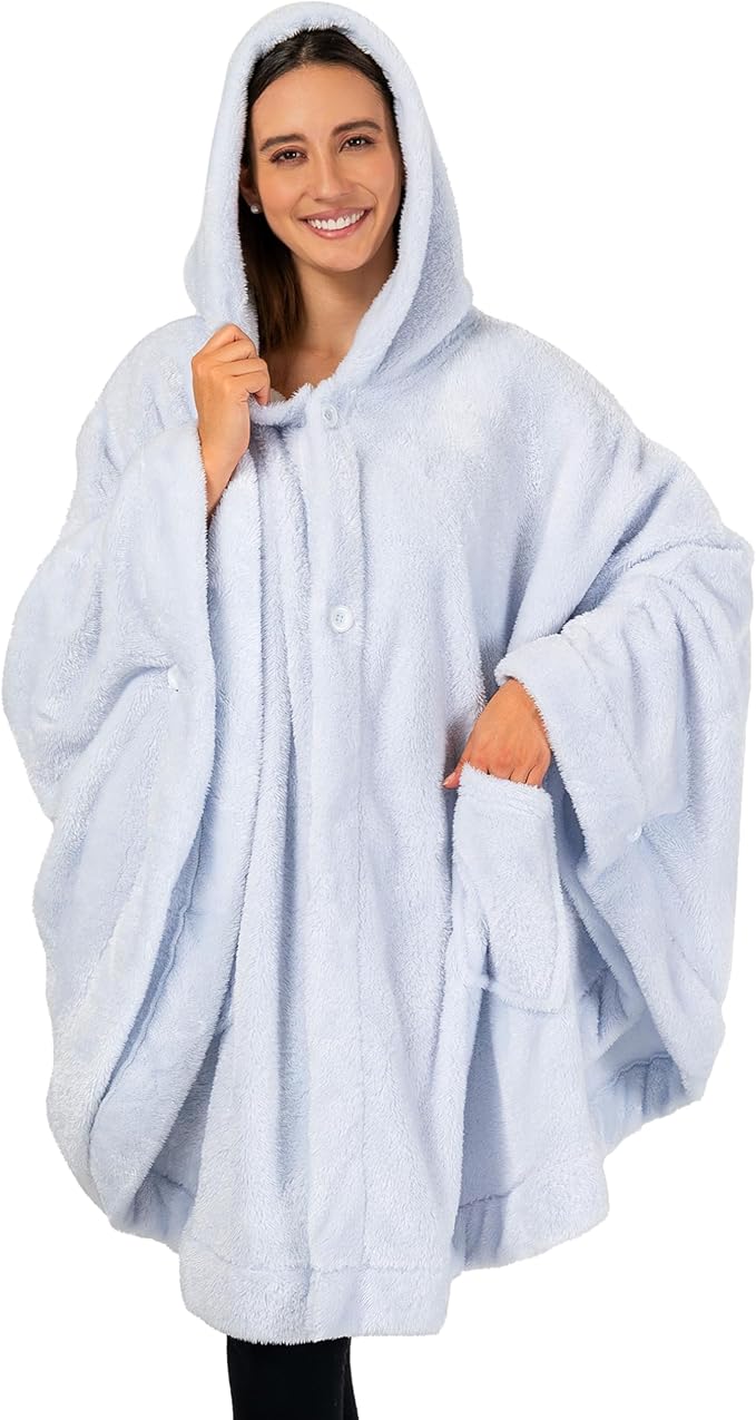 PAVILIA Angel Wrap Hooded Blanket Poncho, Wearable Blanket Throw Wrap Poncho for Women Adult, Cozy Fluffy Sherpa Fleece Shawl Cape with Hood pockets, Warm Gift for Mom Wife, Light Blue