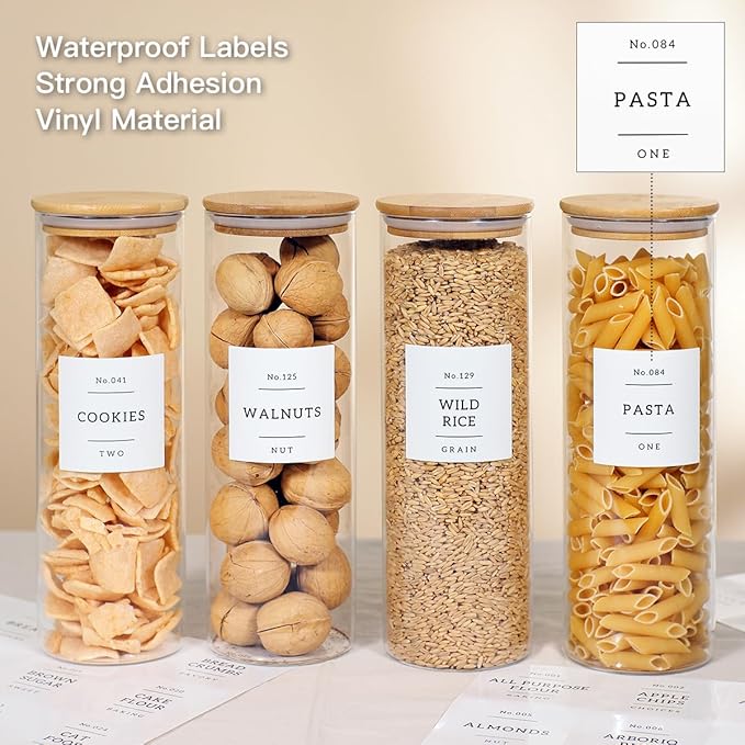 4 Pack Glass Jar with Airtight Wood Lid and White 132 Kichen Pantry Labels Preprinted - 38 Oz Clear Round Glass Food Storage Containers set For Cereal Rice Sugar
