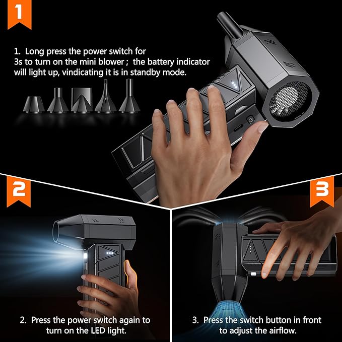 Compressed Air Duster - Cordless Mini Electric Air Duster with Led Light, 3 Adjustable Speeds & 5 Nozzles Storage Bag- Perfect for PC, Car, Outdoor & Home Cleaning (Black)