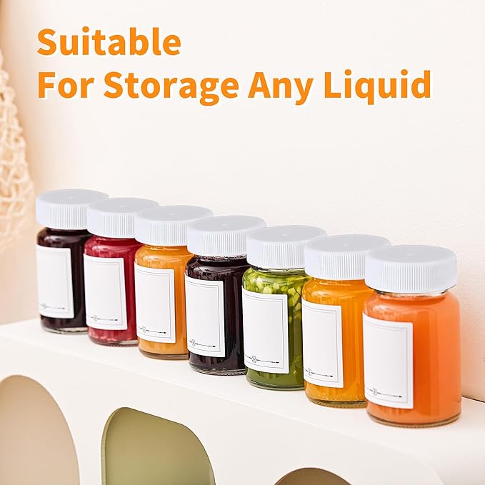 16 Pack 2 oz Glass Shot Bottles with White Caps & Labels, Wide Mouth 60 ml Clear Little Glass Jars for Ginger, Leakproof Travel Mini Jars for Wellness Shot, Juice - Dishwasher Safe