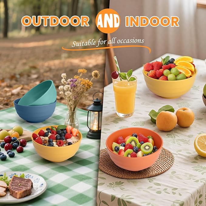 Homienly Wheat Straw Bowl Set, Large Salad Bowls Set of 8-60 OZ Large Capacity Big Bowls, Unbreakable Popcorn Bowl, Microwave and Dishwasher Safe Bowl for Kithchen, Camping, Party - Multi, Matte