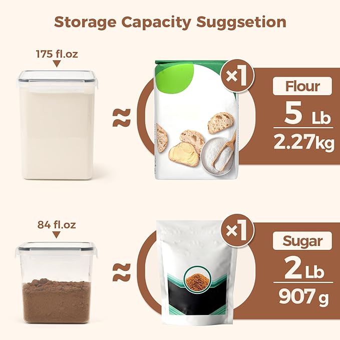 ComSaf Flour Sugar Storage Containers Set of 3 (5.2L/175oz) (2.5L/84oz*2), Large Airtight Food Storage Containers with Lids, Plastic Canisters Sets for Kitchen, Pantry Organizers for Rice and Baking