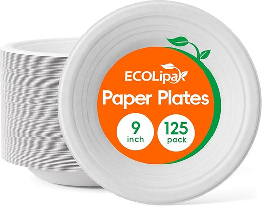 ECOLipak 125 Pack Paper Plates 9 inch 100% Compostable Plates Heavy-Duty Dinner Plates Disposable Bagasse Deep Dish Natural Biodegradable Eco-Friendly Sugarcane Plates(White)