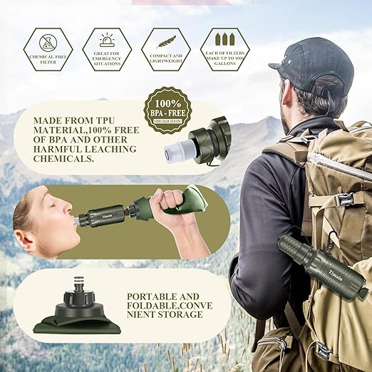 Timain Portable Personal Water Filter Straw Water Filter Survival Gear for Emergency Preparedness, Outdoor Activities, Travel, Camping, Hiking, Fishing, Hunting (Green)