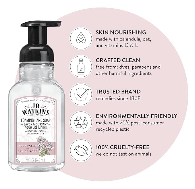 J.R. Watkins Foaming Hand Soap with Pump Dispenser, Moisturizing Foam Hand Wash, All Natural, Alcohol-Free, Cruelty-Free, USA Made, Rosewater, 9 fl oz, 3 Pack