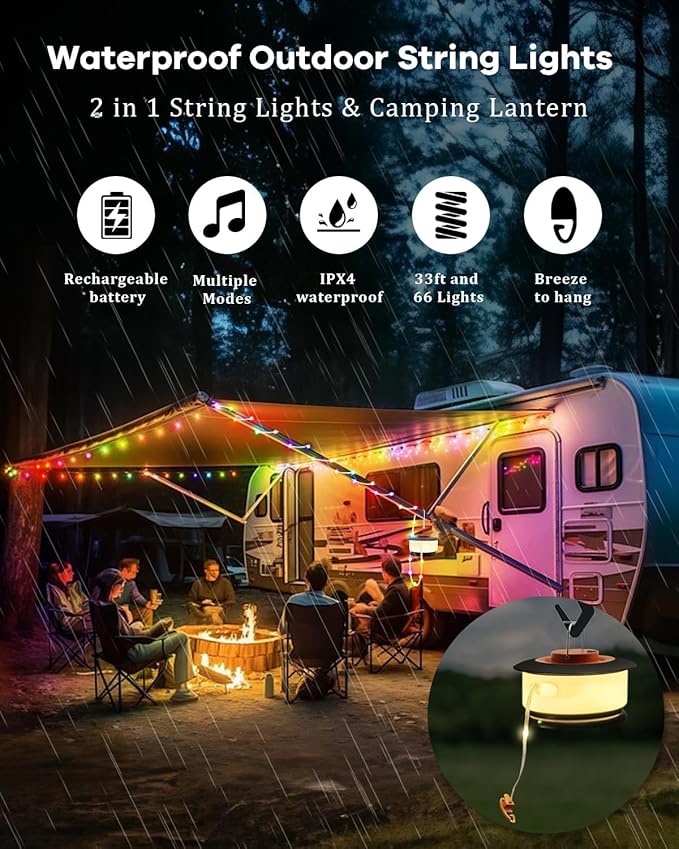 Camping String Lights – 4 in 1 Upgraded RGB Retractable Camping Lights with 19 Lighting Modes, Quick 20s Recovery, Waterproof, 33FT Portable, Rechargeable Tent Light for Camping, Hiking,Travel,Gift