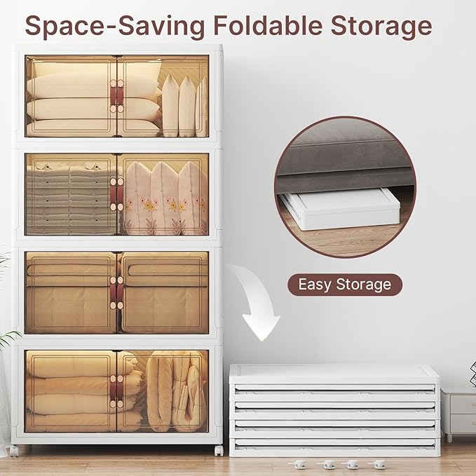 Extra Large Stackable Storage Bins with Lids & Wheels & Door, 640QT-160QT/40GAL*4Pack Foldable Collapsible Closet Organizers, Plastic containers drawers for bedroom Dorm