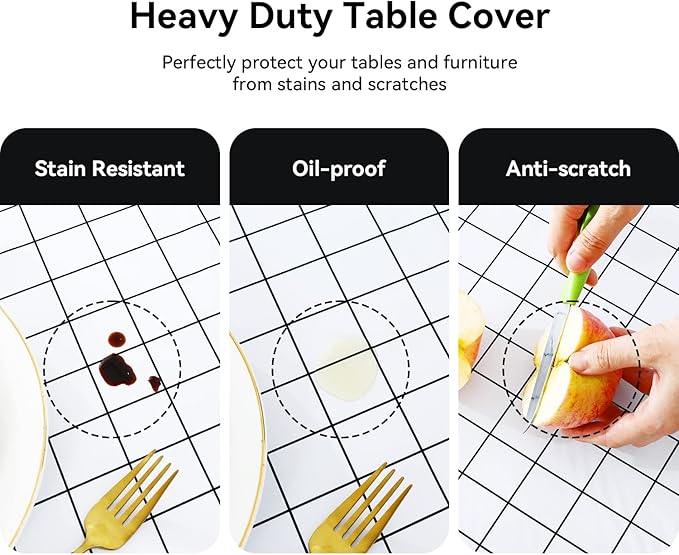 Romanstile Rectangle Plastic Tablecloth, 100% Waterproof Oil-Proof Checkered PVC Table Cloths, Heavy Duty Vinyl Table Covers for Dining, Camping, Picnic, Outdoor - 60 x 102 Inch, White