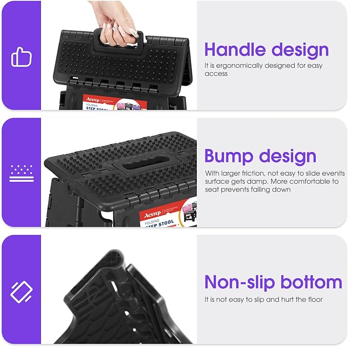 ACSTEP 17.5 Inch Folding Step Stool for Adults and Kids, Non-Slip Plastic Foldable Stepping Stool, Collapsible Folding Stool with Handle Holds Up to 400lbs for Kitchen, Dot Black (1 Pack)