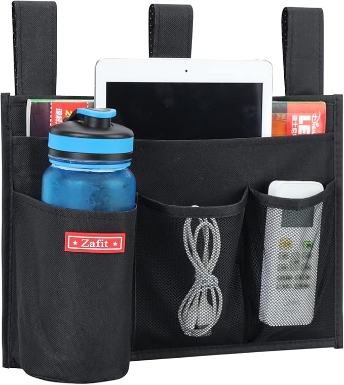 Hanging Bedside Caddy, Bedside Storage Organizer for Magazine, Phone, Remote control (4 Pockets-Black)