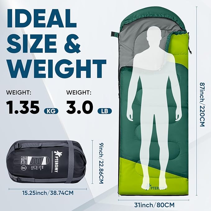 PTEROMY Sleeping Bags for Adults, Lightweight Water Resistant Backpacking Camping Sleeping Bag for Warm Cold Weather, Camping Essentials for Hiking Outdoor Travel