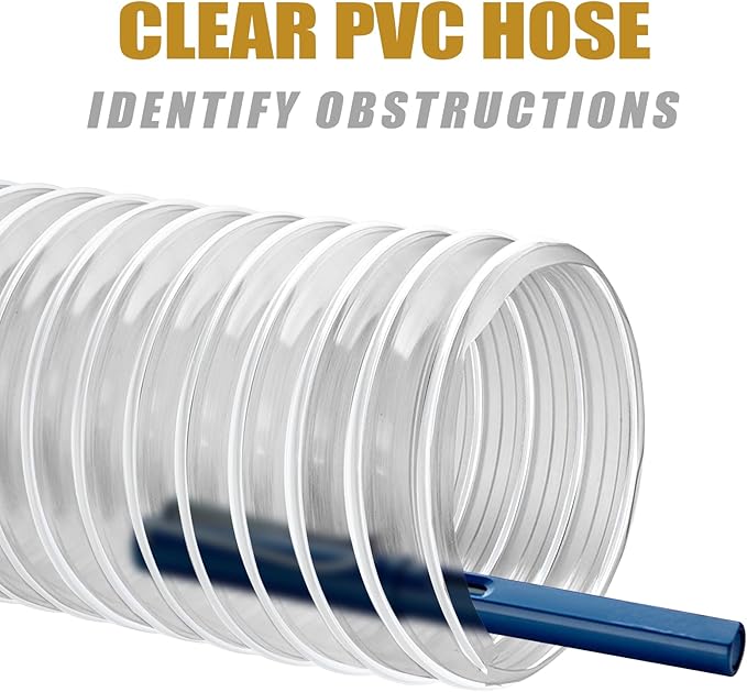 2 1/2" x 10' Flexible Clear PVC Dust Collection Hose - Puncture Resistant with Carbon Steel Wire Coil for Dust Collectors with 2 1/2" Ports