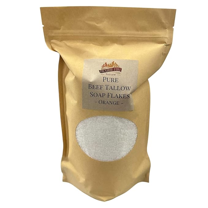Pure Beef Tallow Soap Flakes - Made in USA - Grass Fed and Finished - Face, Body and Hair - Cleans, Moisturizes, Soothes, and Hydrates. Natural and Organic Orange