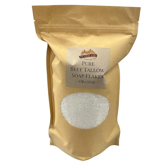 Pure Beef Tallow Soap Flakes - Made in USA - Grass Fed and Finished - Face, Body and Hair - Cleans, Moisturizes, Soothes, and Hydrates. Natural and Organic Orange