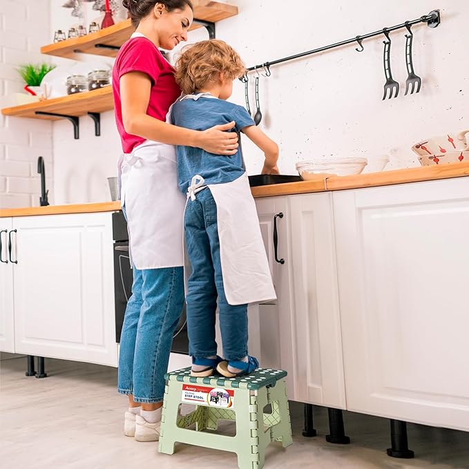 ACSTEP 9 Inch Folding Step Stool 300 LB Capacity Plastic Foldable Step Stools for Kids and Adults, Folding Stool Suitable for Kitchen, Stepping Stool with Handle Bicolor Green Small Step Stool 1PC