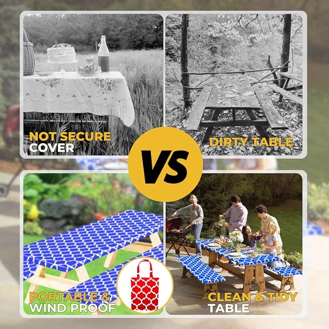 RNOONY 6ft Vinyl Picnic Table Cover with Bench Covers with Carrying Bag, Camping Essentials Tablecloth Waterproof and Windproof with Elastic Edge. Perfect for Indoors and Outdoors Blue 72x30 inches