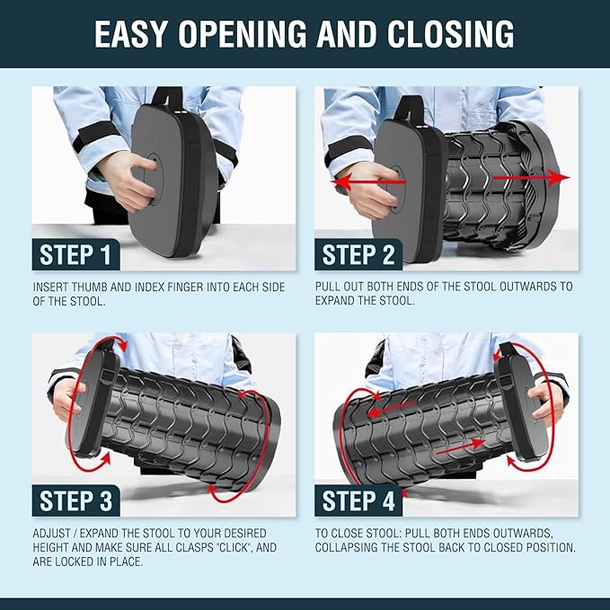 2025 Upgraded Square Collapsible Stool & 3IN1 Cushioned Carry Bag, Adjustable Height Folding Stool, Telescopic Camping Chair Retractable Seat or Footrest for Outdoors & Travel, 18" Max 620lbs