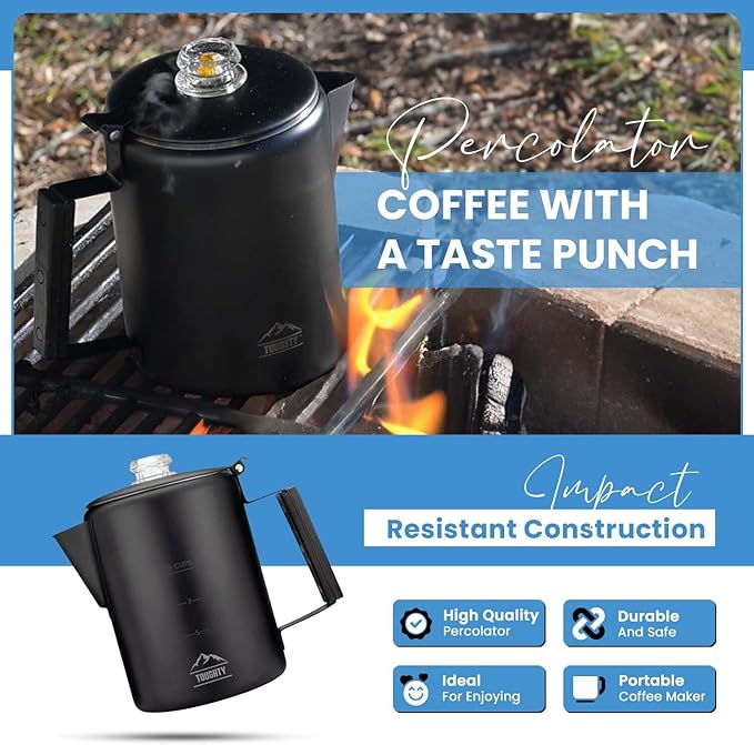 Toughty Yosemite Percolator Coffee Pot – Classic Coffee Percolator Stovetop for Camping & Home – Durable Stainless Steel - Gas, Electric & Induction Stoves – Old-Fashioned Cowboy-Style Pot – 12 Cups