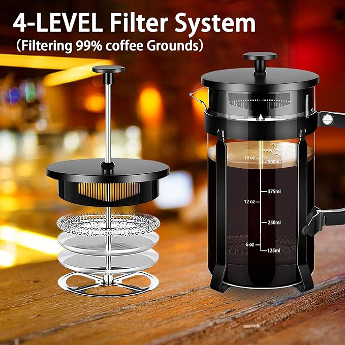 French Press Coffee Maker 304 Stainless Steel Coffee Press,with 4 Filters System, Heat Resistant Thickness Borosilicate French Press Glass, BPA-Free Brewed Tea Pot Coffee Plunger(Copper 12oz)