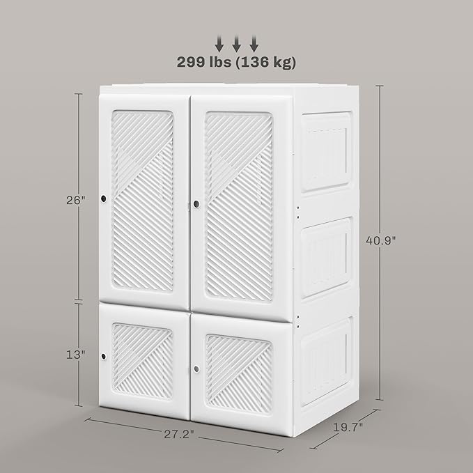 HOMCOM Folding Wardrobe Closet with Hanging Rod, Portable Clothes Storage Organizer with 3 Cube Compartments and 4 Magnet Doors, White