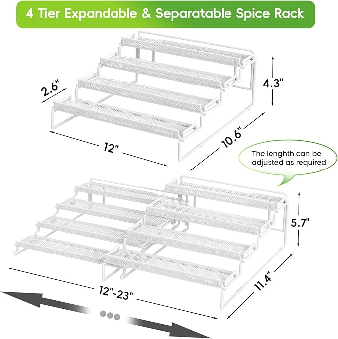 4 Tier Spice Rack Organizer for Inside Cabinet Expandable Display Riser Shelf Seasoning Organizer for Countertop Cupboard Pantry Adjustable Step Storage Holder with Protection Railing (White, 2PC)