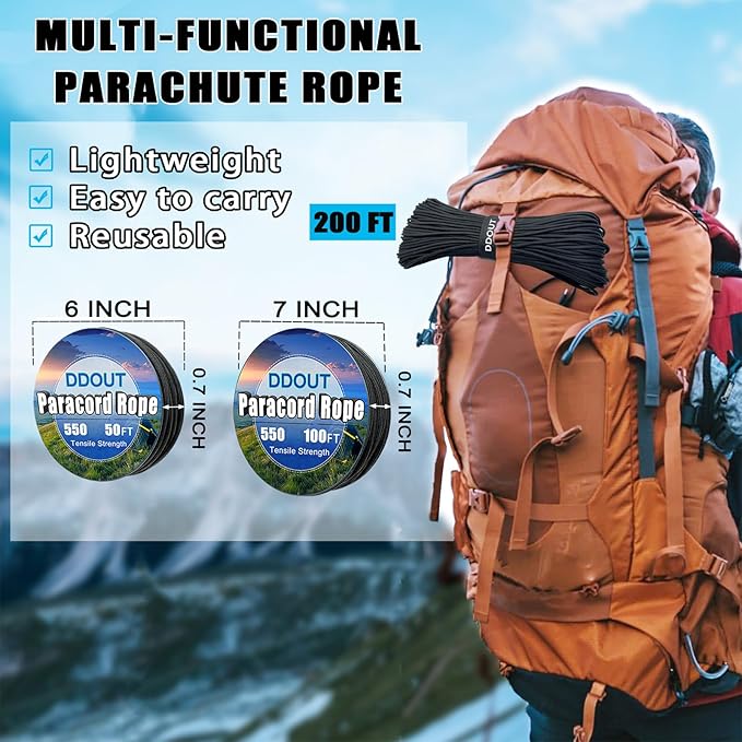 Paracord Nylon Rope Black 200ft with 7-Strand Core, 10 Colors and 50/100/200 ft, Type III Parachute Cord 4mm for Camping, Survival, Hiking, DIY, Crafting, Outdoor Utility Rope